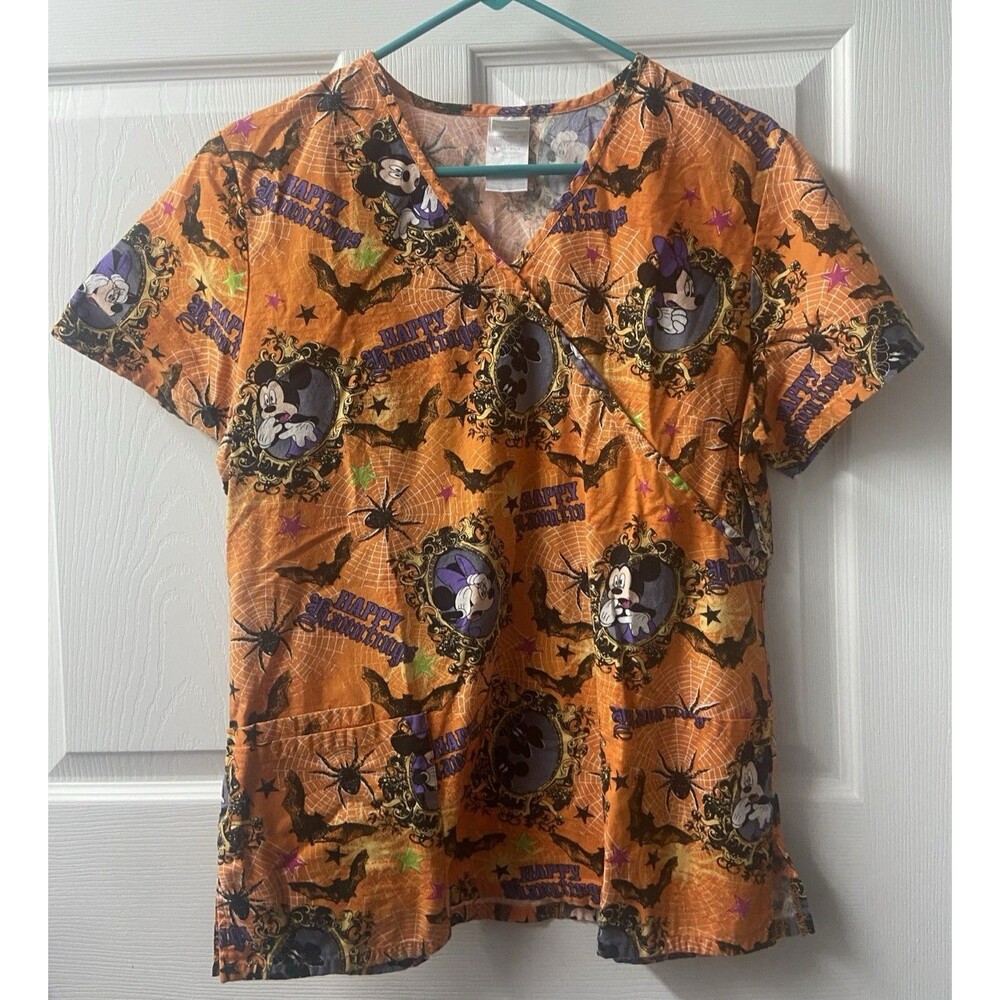 Disney Halloween Scrub Top Womens Medium Orange Purple Mickey Minnie Spiders Bat